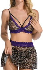 Women's Sexy Lingerie Leopard Crop Tops with Mini Skirt Sexy Underwear Babydoll