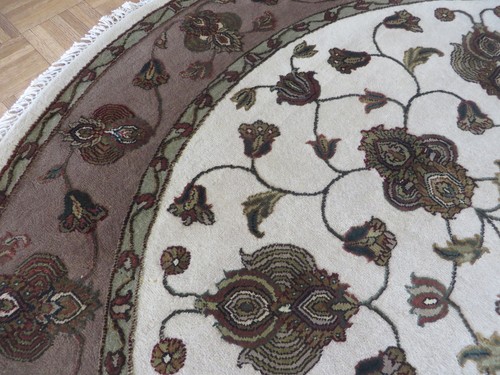 6 X 6 Round Hand Knotted Ivory Persian Agra With Silk Oriental Rug G5246 - Picture 8 of 12