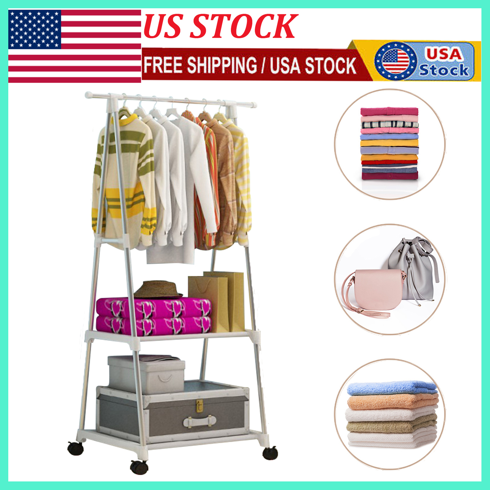 Clothes Rack On Wheels Heavy Duty Clothing Garment Rack Double Rails Hanging NEW-image
