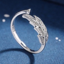 Leaf Crystal Adjustable Ring Silver Plated Jewelry Women Men Girls Gift