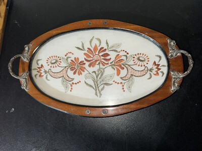 Vintage besticktes Schminktisch Tablett - orange/gold Blumen