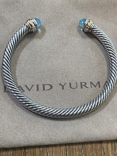 USADO David Yurman Plata Esterlina TOPACIO AZUL Y ORO 14K 5 mm PUÑO PEQUEÑO - Imagen 18 de 20