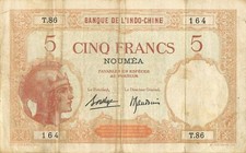 New Caledonia  5  Francs  ND. 1926  P 36b  Series T.86 Circulated Banknote DD1