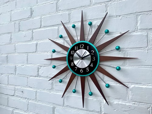 30"27" Turquoise Atomic Wall Clock Silver Starburst Clock George Nelson Style - Picture 6 of 9