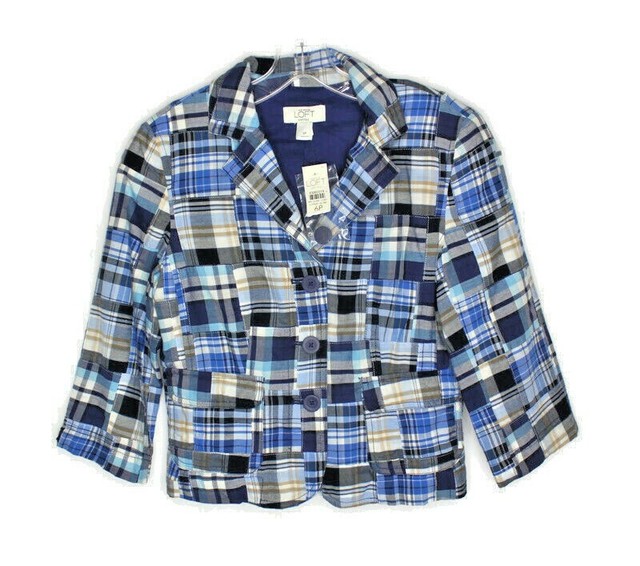 LOFT Women's 6P Blue Cotton Madras Plaid Patchwork 3/4 Sleeve Blazer | eBay