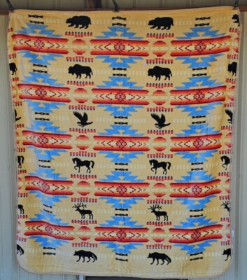 SOUTHWEST INDIAN BEAR BUFFALO EAGLE HORSE DEER WOLF BGE QUEEN BLANKET BEDSPREAD