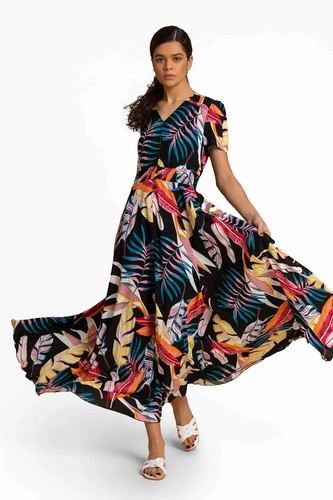 LADIES ROMAN DRESS SIZE 20, Black Tropical Palm Shirred Waist Maxi Dress - Picture 9 of 13