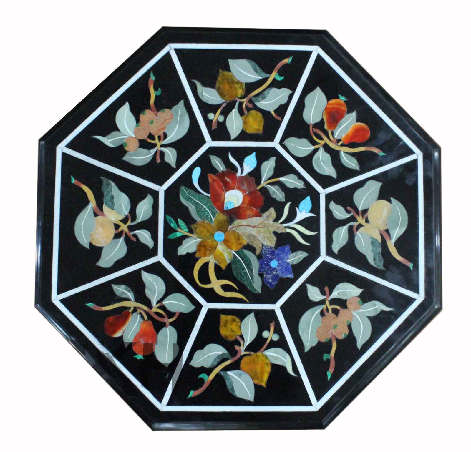 24-Inch Black Marble Coffee Table with Pietra Dura Stone Inlay for Home Decor