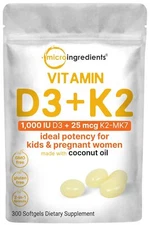 Micro Ingredients Vitamin D3 1000 iu Plus K2 MK-7 25 mcg 300 Virgin Coconut O...