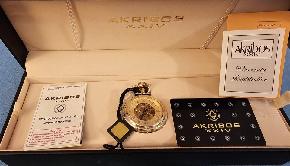 Карманные часы Akribos XXIV Skeleton AK453YG новые в коробке с бумагами - Изображение 3 из 4