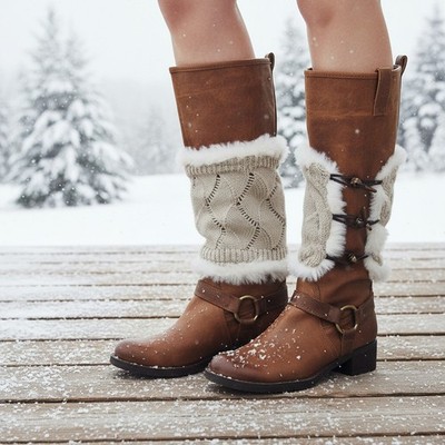 New Women Boots Cover Topper Pair Warmer Winter Beige Fabric Slip On White Muffs