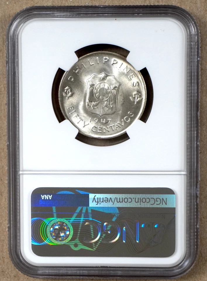 PHILIPPINES 1947-S GENERAL DOUGLAS MACARTHUR SILVER 50 CENTAVOS NGC MS65 176020 - Image 2 of 2