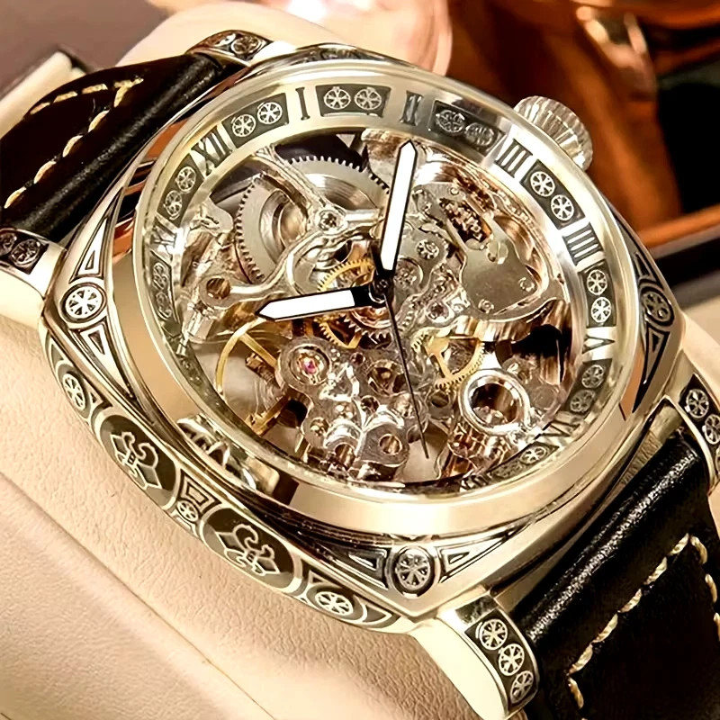 Mens Golden Tone Automatic Mechanical Watch Carved Hollow Skeleton Dial Luxury