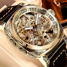 Mens Golden Tone Automatic Mechanical Watch Carved Hollow Skeleton Dial Luxury