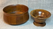 2 Hand Turned Wood Bowl Pedestal Bowl Natural Dark Wood Artist Signed VTG 197Os