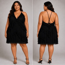NWT SHEIN Plus Size Solid Black Ruffled V-Neck Halter Mini Dress Open Back 3XL