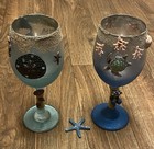 Set Lot Of 2 Decorative Wine Glasses Beach Coastal Theme Handmade Decorated