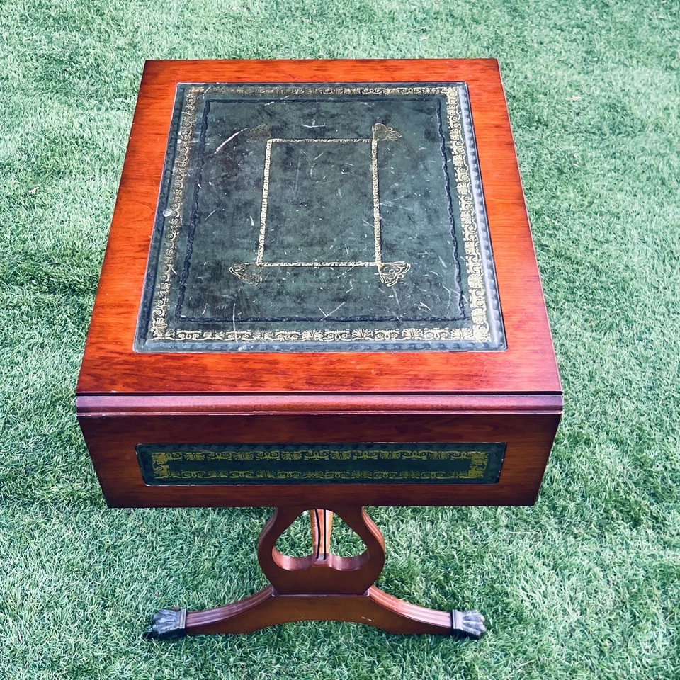 Art Deco Foldable Side Games End Table Leather Gold Leaf Top Brass Claw Casters - Image 4 of 4