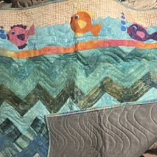 Handmade Ocean Fish Chevron Crib Quilt Blue Green Multicolor