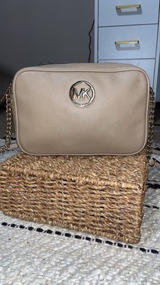Michael Kors Logo Beige Small Crossbody Bag Zip Closure Gold Hardware Strap