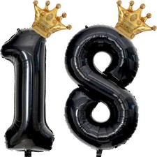40 inch Large Black 18 Balloon Number with Gold Crown Balloons 18th Big Foil ...