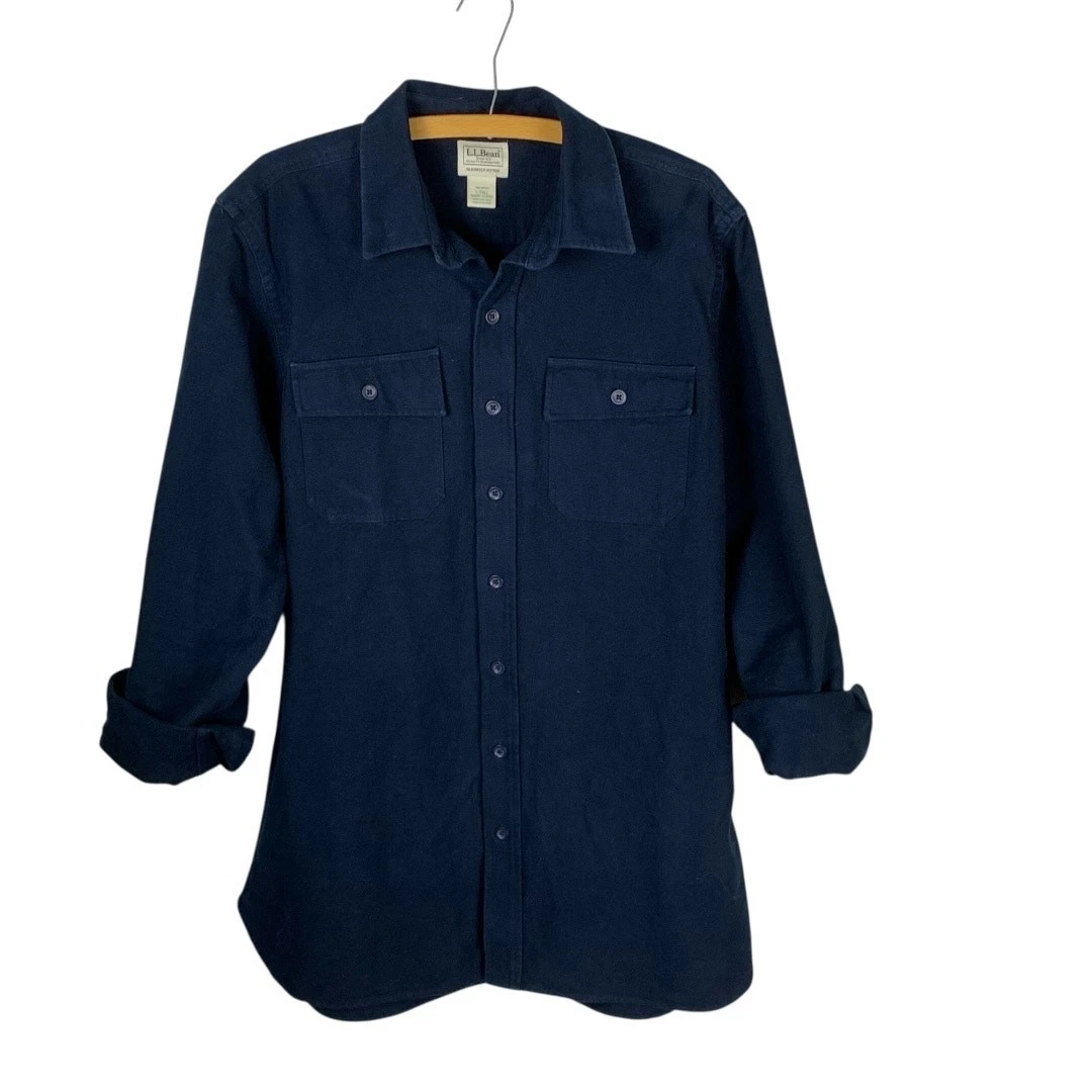 LL Bean Navy Flannel Shirt Mens L Tall Button Down Slightly Fitted Workwear