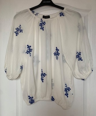 New/Tag QED London White Floral Embroidered Puffball Top, Size Small (UK 10-12)