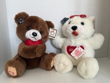 2 VINTAGE with TAGS 1980s APPLAUSE TEDDY BEAR  Cat Bear Plush WHITE  BROWN