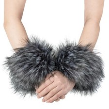 Plush Fluffy Imitation Faux Fox Fur Bracelet Wristband Sleeve Dark Grey Raccoon
