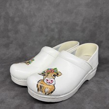 Dansko Professional Hand Painted Cow Clogs White Leather Women 8.5 Narrow Shoes