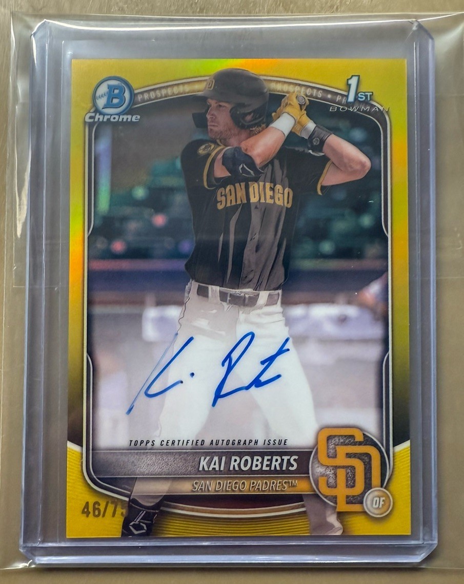 Kai Roberts 2025 Bowman Chrome #CPA-KR Yellow Refractor Auto 1st RC 46/75