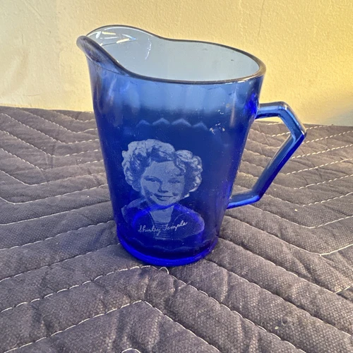 Vintage SHIRLEY TEMPLE pitcher Child Hazel  Atlas Cobalt Blue depression glass