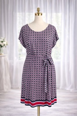 Talbots Dress 3XP Plus Petite Black Red Geo Print Sheath Jersey Ruched Tie Waist