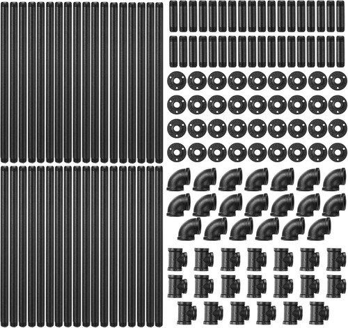 148 Pcs Black Iron Pipe Fitting Set with Threaded Hole Industrial Vintage Style,