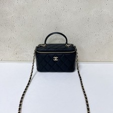 Chanel Black Lambskin Long Vanity Case Top Handle Light Gold Crossbody Bag