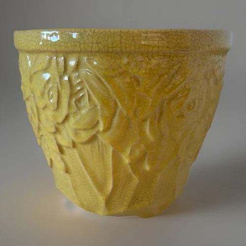 Vintage McCoy Art Pottery Jardiniere Flower Pot Yellow Rose 7”