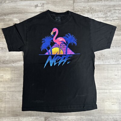 Neff T-Shirt Flamingo Size Large Black Palm Trees Vacation Neon