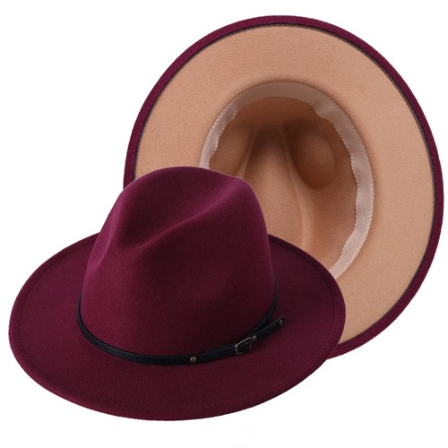 Men Women Two Tone Felt Hat Trilby Panama Jazz Cap Wide Brim with Leather Belt - Picture 16 of 16