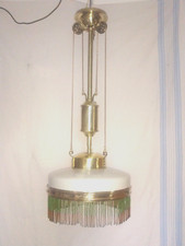 Lampe, Zuglampe, Messing, verstellbar, mit Glas Schirm und Glasperlenkranz