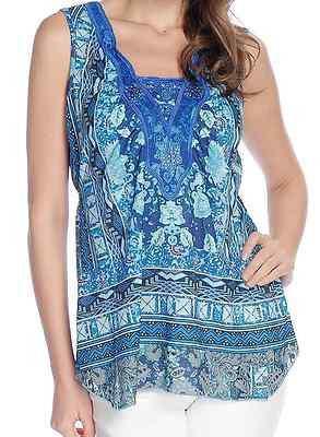 ONE WORLD WOMEN'S BLUE BLACK EMBELLISHED W/ LACE TRENDY TOP PLUS Sz 1X