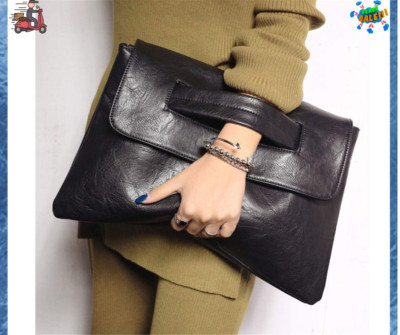 Womens Black Leather Messenger Bag Large Clutch Purse Envelope Handbag Briefcase