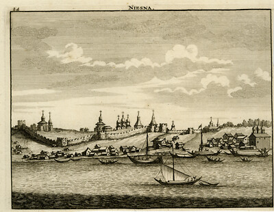 Antiker Druck - Topographie - Russland - Ansicht von Niesna an der Wolga - De Bruyn - 1711
