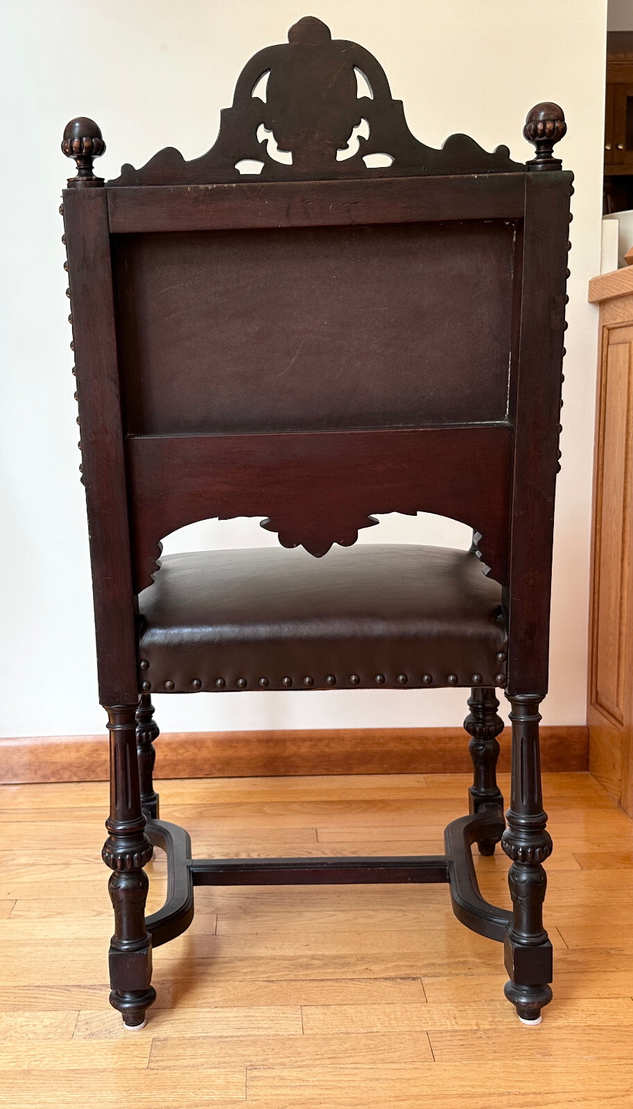 Antique Carved Figural Lions Head, North Wind Arm Chair Leather