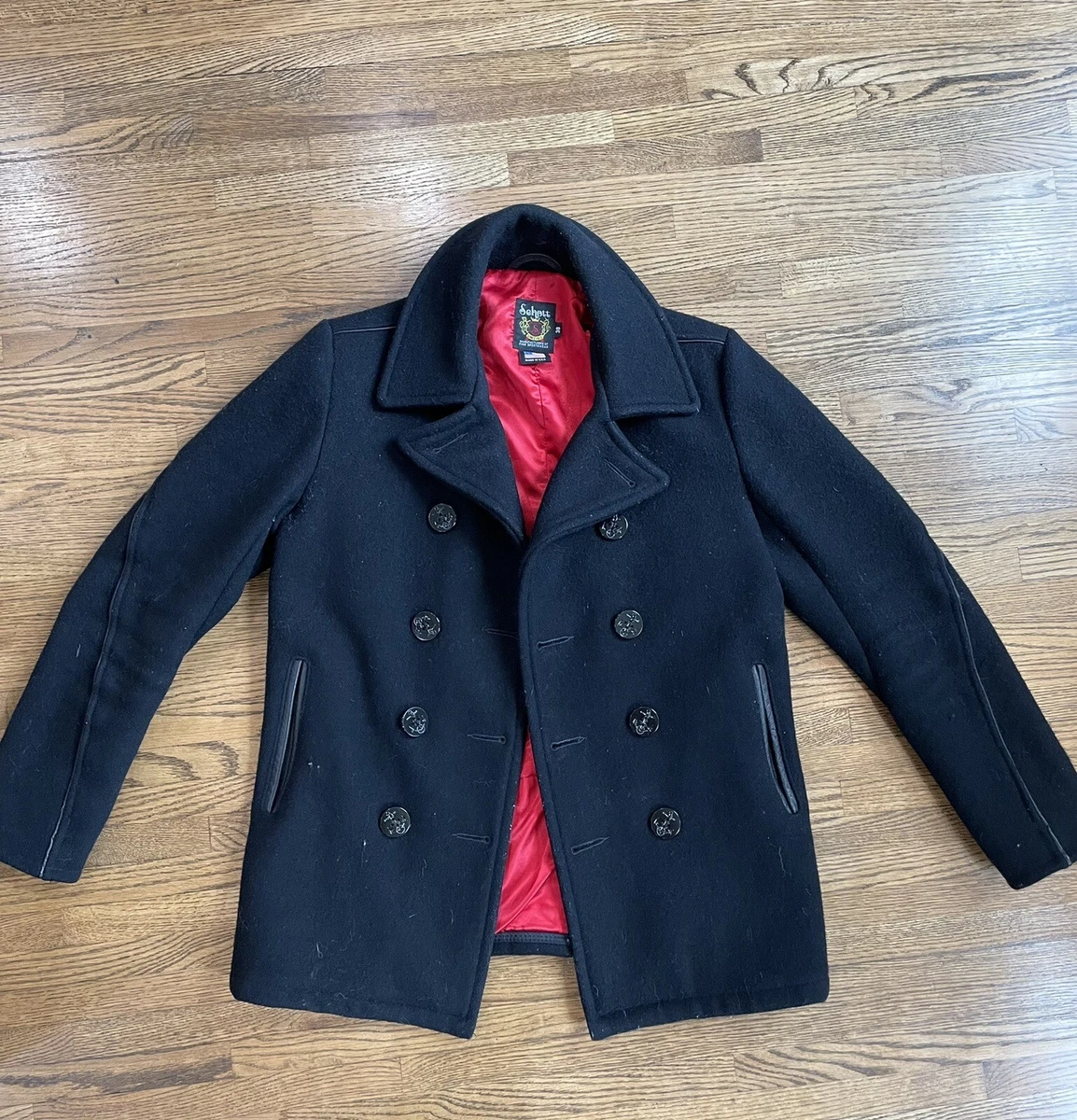 Schott Leather Trim Wool Peacoat 740C Naval Pea Coat size 38 Red Lining EUC!