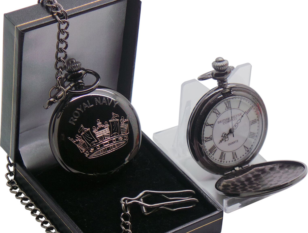 Royal Navy Pocket Watch Gloss BLACK Engraved Custom Personalised