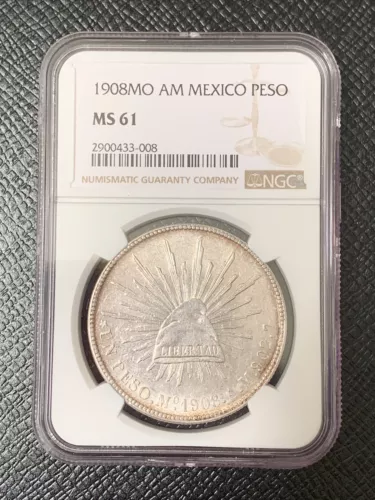 NGC MS 61 Mexico 1908 Mo AM Peso Silver Coin