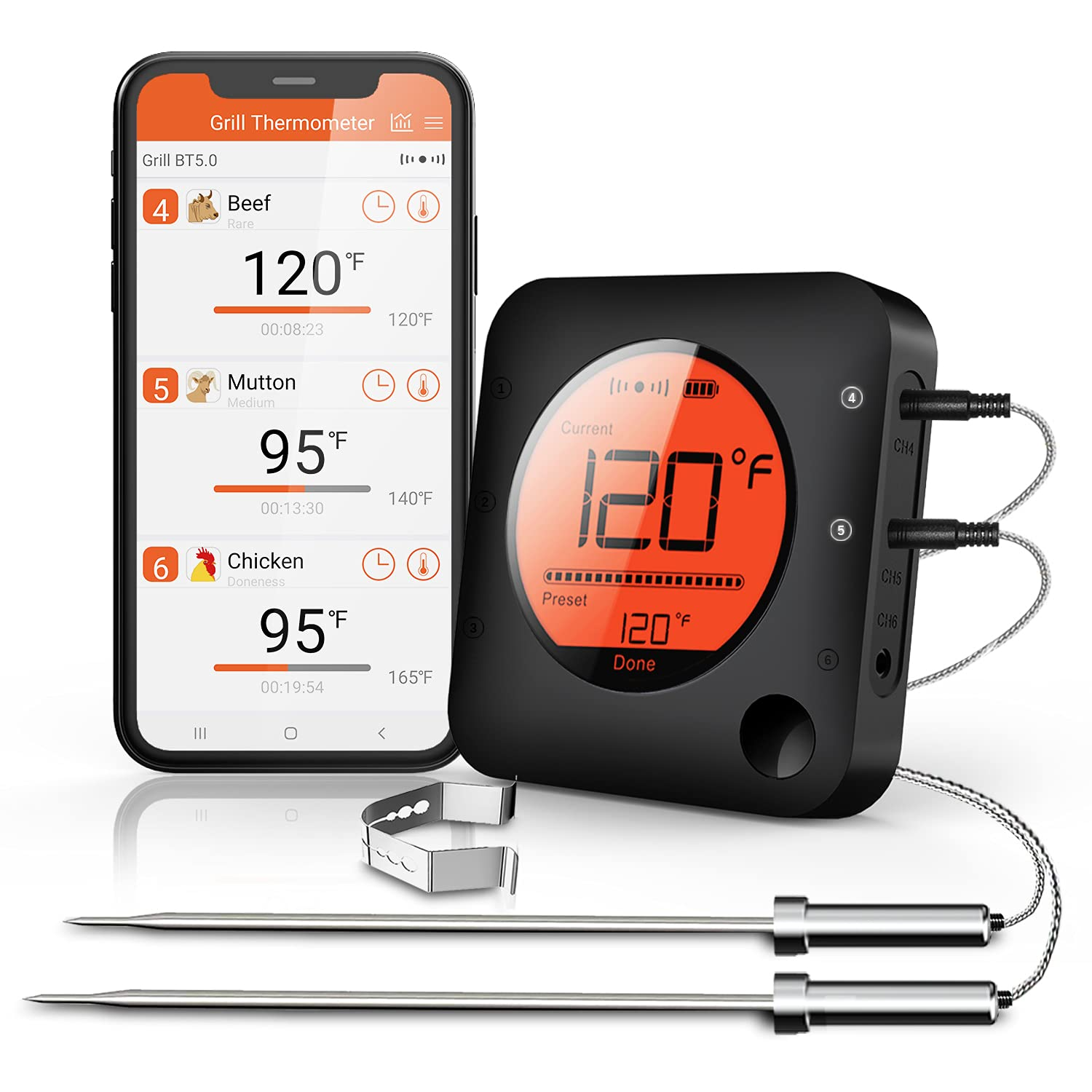 Meat Thermometer Wireless Bluetooth, LCD Digital Meat Thermometer with Dual Prob-image