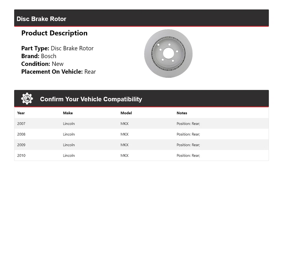 Rotor de freno de disco trasero para Lincoln MKX 2007-2010 Bosch QuietCast 2008 2009 Foto 2 de 4