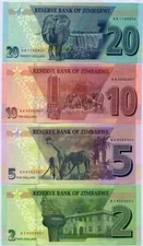 Zimbabwe 2 + 5 + 10 + 20 Dollars 2019  to 2020 Set of 4 Banknotes 4 PCS UNC
