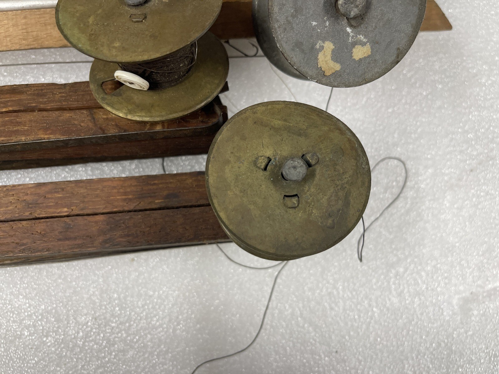 Vintage Wood Ice Fishing Tip Ups Poles Never Fail Metal Reel Flags And